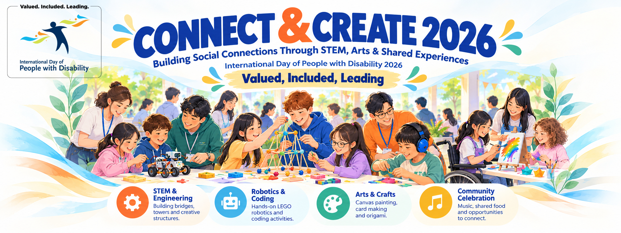 Hand-drawn illustration of young people and families building, painting and exploring robotics together at Connect and Create 2026.